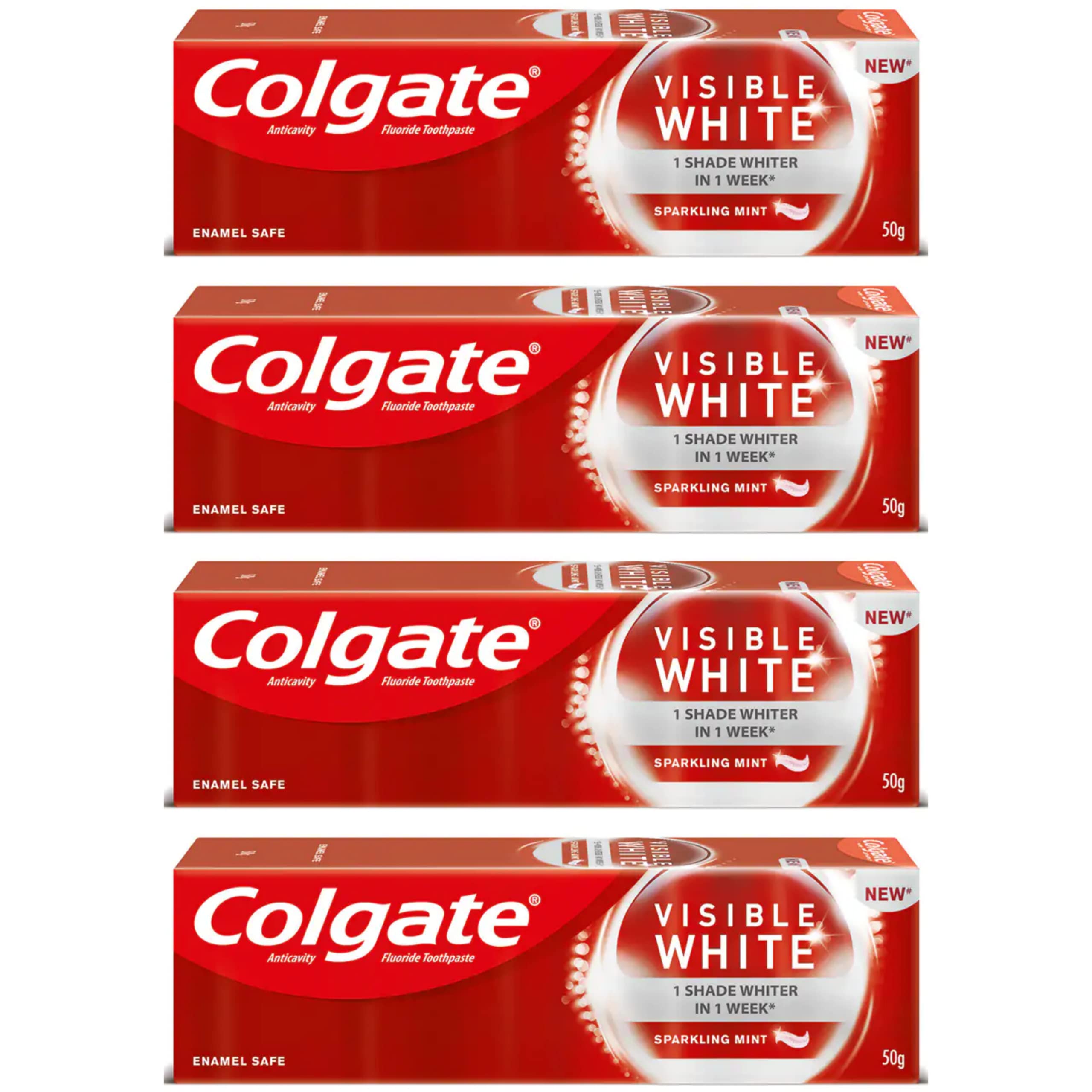 Four 50g tubes of Colgate Visible White Sparkling Mint toothpaste