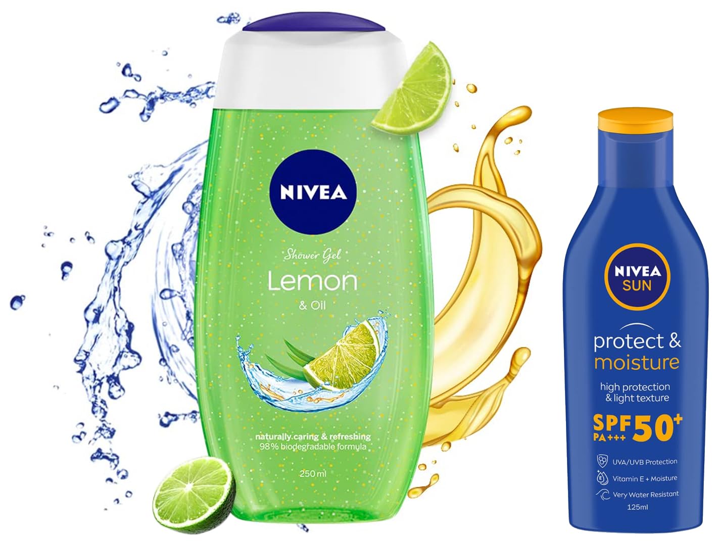 Bottles of Nivea lemon body wash and SPF 50 lotion