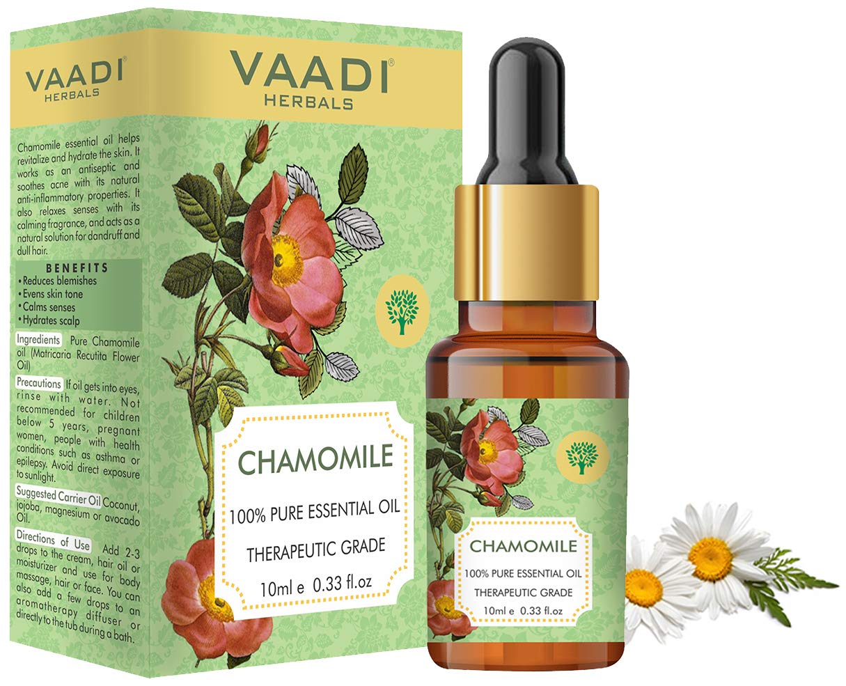Chamomile essential oil bottle with VAADI HERBALS label, 10 ml