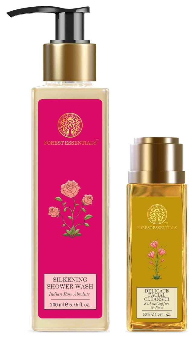 Bottle of Indian Rose shower wash with travel-size facial cleanser