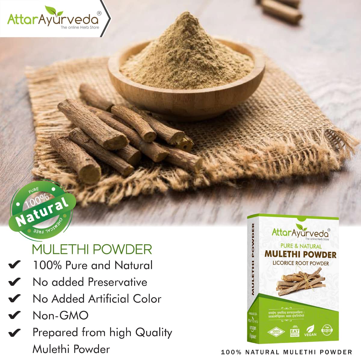Attar Ayurveda Pure & Natural Mulethi Powder For Skin Whitening, Licorice Powder For Body, Skin and Hair, (200gm) – view 3
