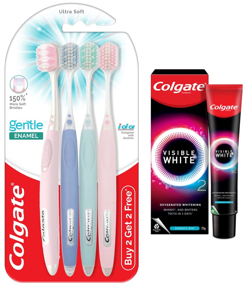 Colgate Gentle Enamel Ultra Soft Bristles Manual Toothbrush for adults, 4 Pcs & Colgate Visible White O2, Teeth Whitening Toothpaste, Aromatic Mint, 25g – view 1