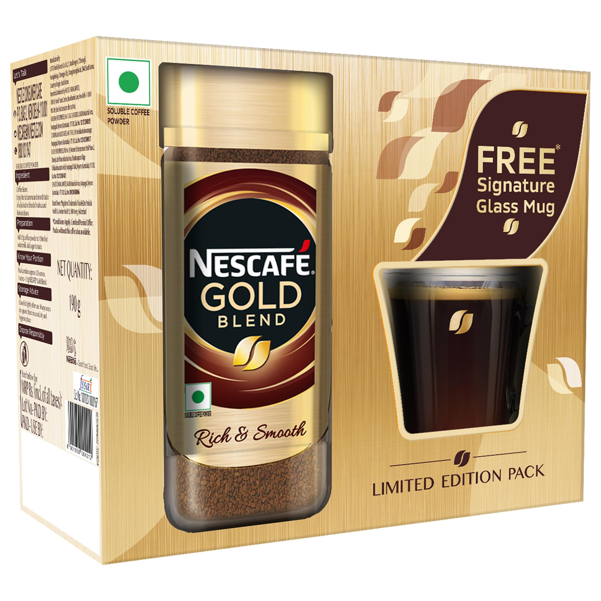 Nescafe Gold Blend Instant Coffee Powder 190 g, Limited Edition Pack with Free Signature Glass Coffee Mug, Rich Aroma & Smooth Taste, Arabica and Robusta Coffee Beans – view 1