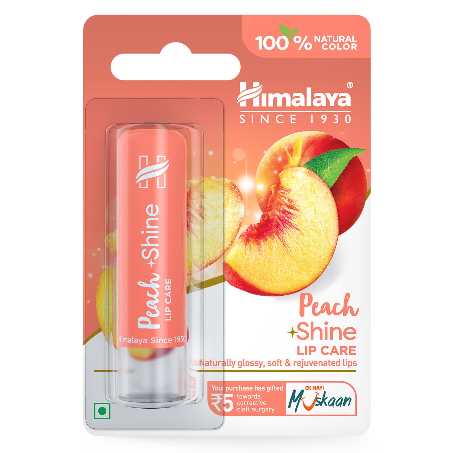 Himalaya Peach Shine lip balm stick with glossy peach finish