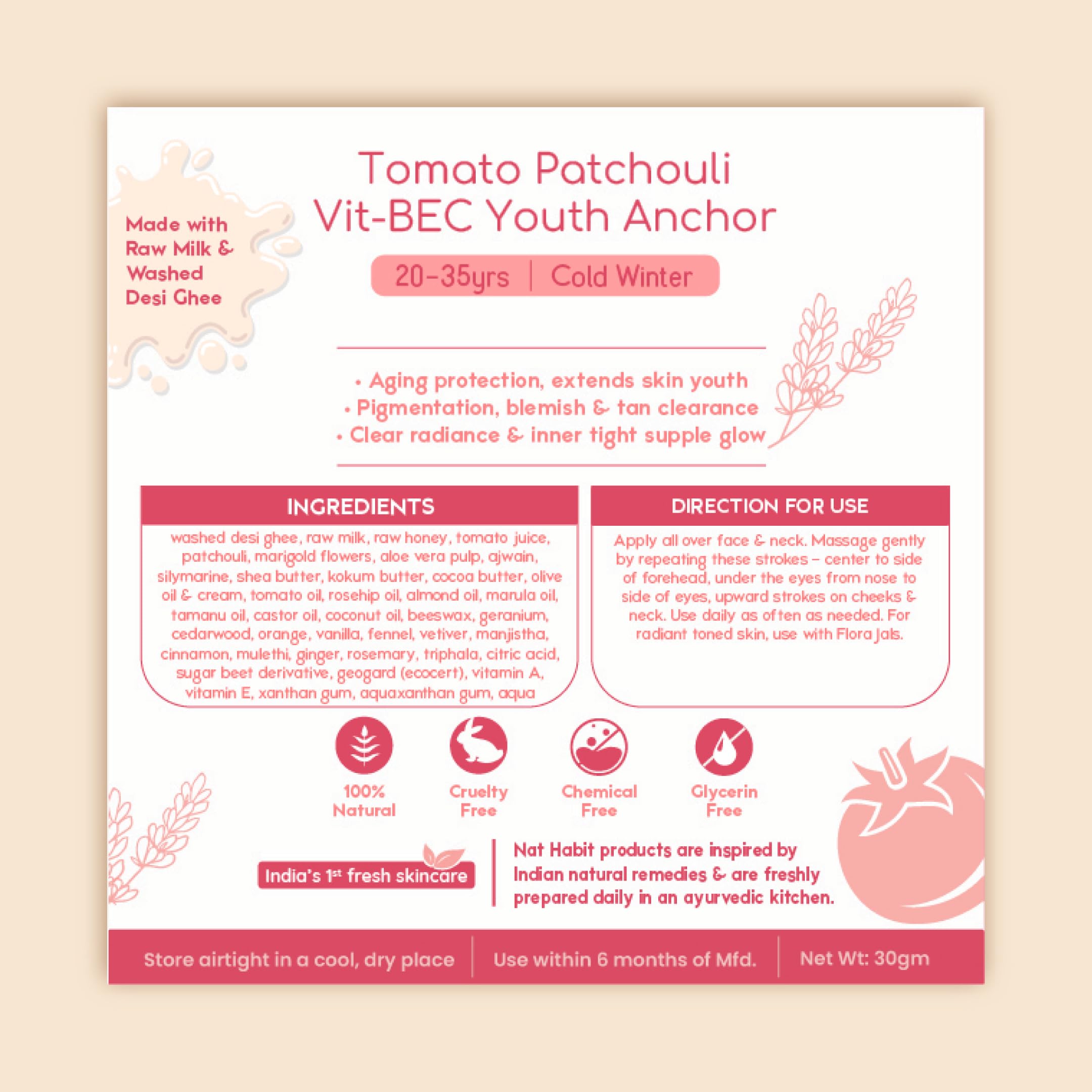Nat Habit Fresh Whipped Tomato Patchouli Vit-B E C Youth Anchor All Day Face Malai Cream For Cold Winter Weather, Whipped With Raw Milk & Washed Ghee (20-35 Years) 30g – view 7