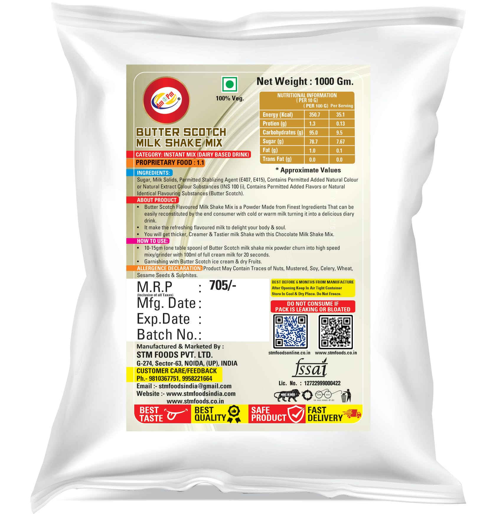 Am 2 Pm - Premium Silky Smoothy Milk Shake Mix, Flavoured Milk shake Premix Powder, Instant Premix Drink Milkshake Powder (Butter Scotch) – view 2