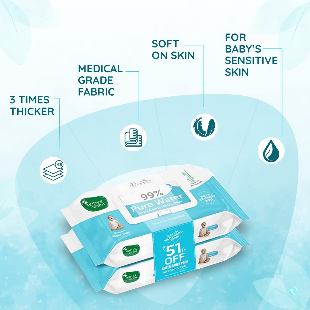 Mother Sparsh 99% Pure Water Baby Wipes (40X2) Super Saver Travel Friendly Combo Pack – view 3
