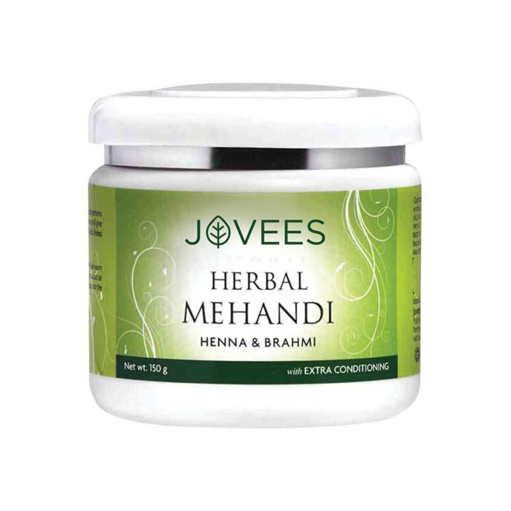Jovees henna powder sachet with herbal ingredients callout on pack