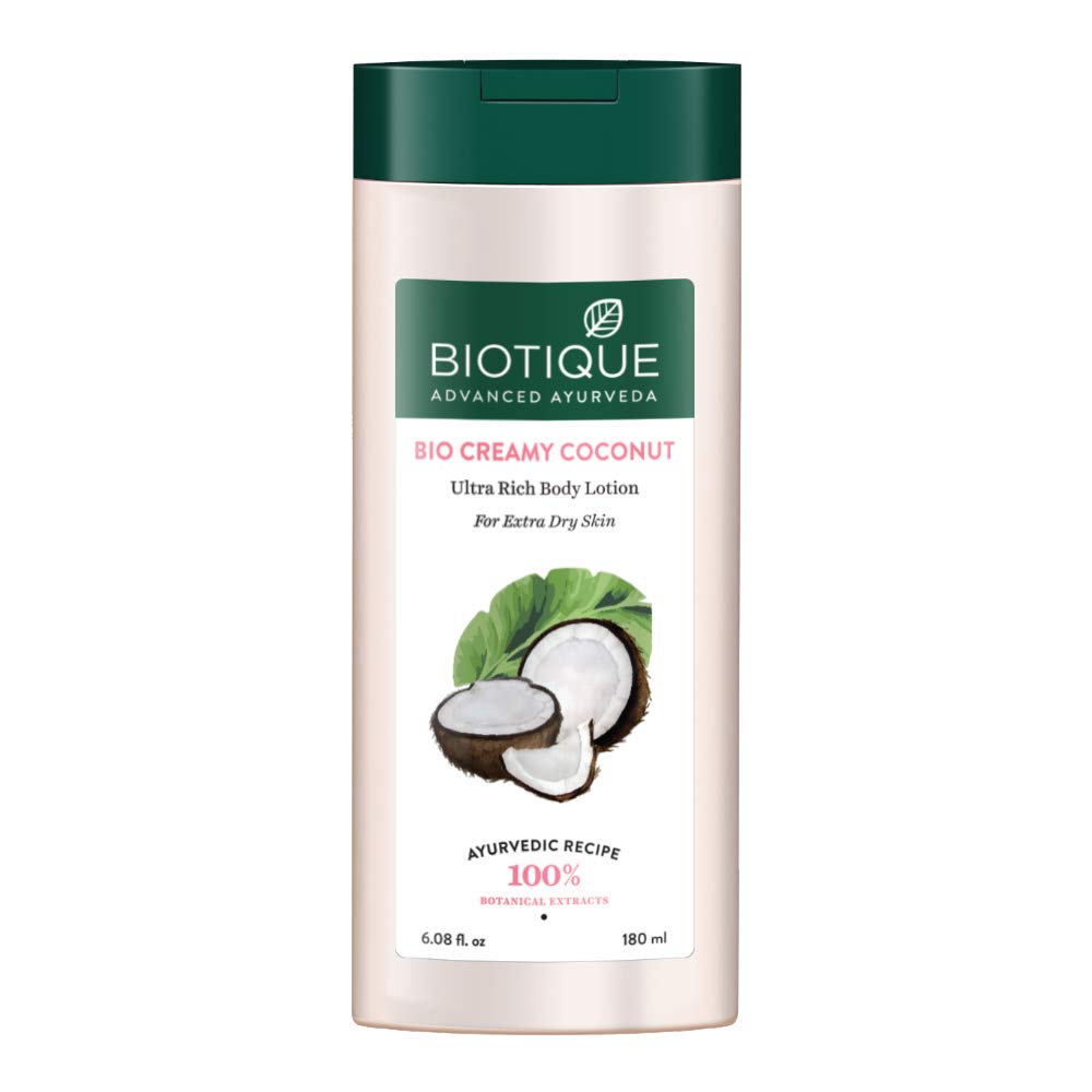 Front view of Biotique coconut body lotion 180 ml bottle