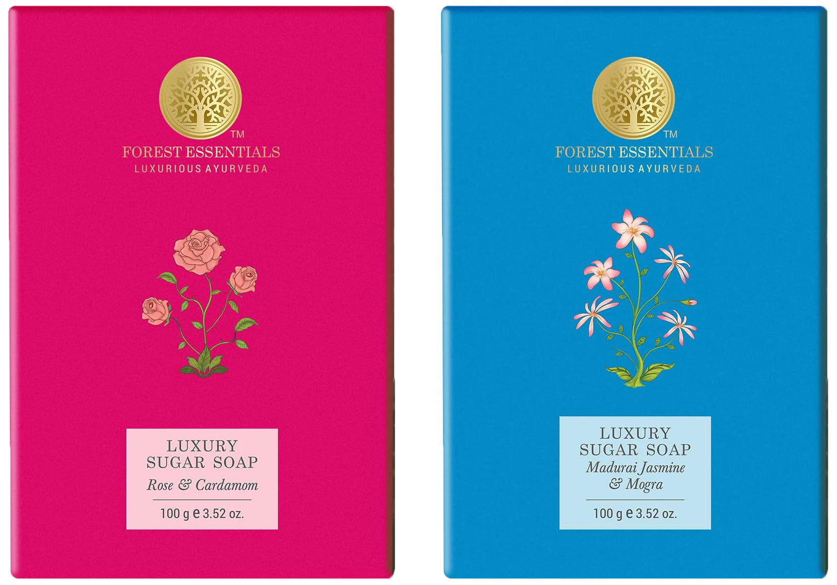 Boxed Forest Essentials sugar soap combo in jasmine mogra and rose