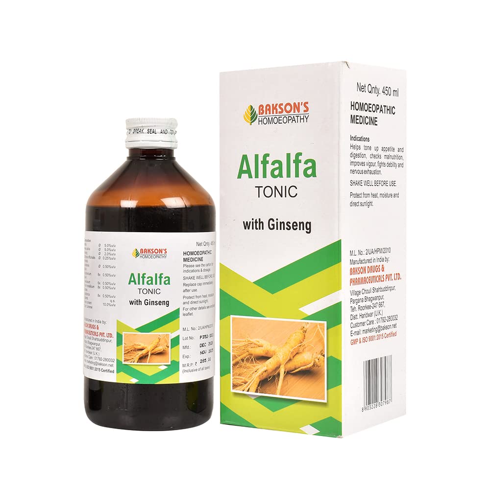 Front view of Bakson's Alfalfa Tonic with Ginseng bottle