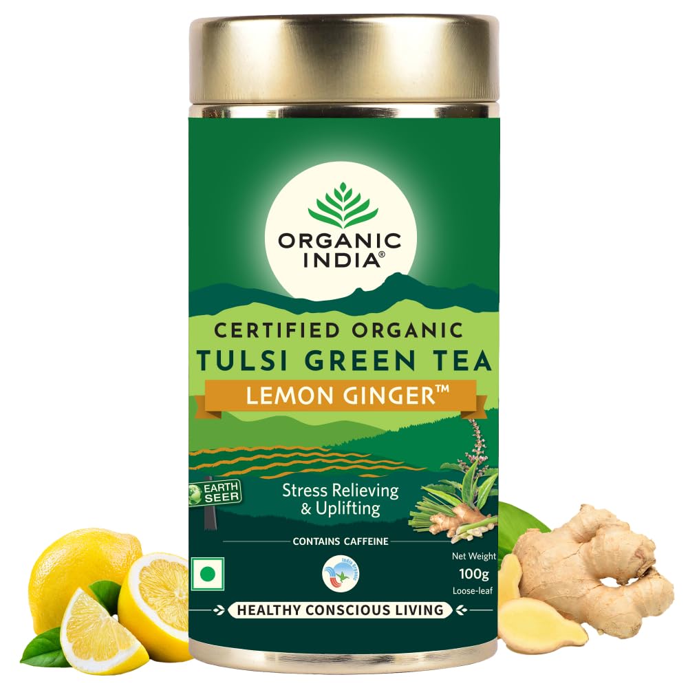Loose leaf tulsi green tea lemon ginger 100 g container