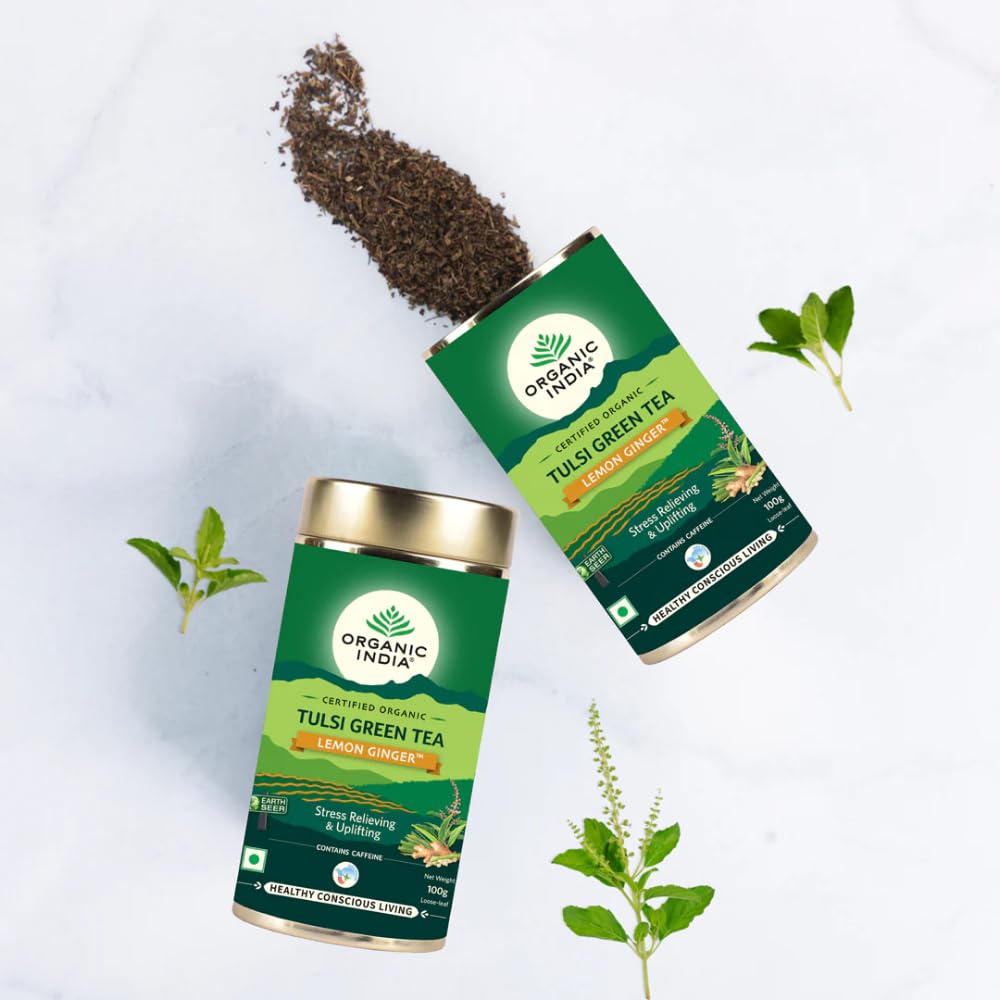 ORGANIC INDIA Tulsi Green Tea Lemon Ginger 100 gm tin – view 3