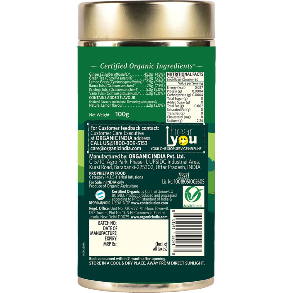 ORGANIC INDIA Tulsi Green Tea Lemon Ginger 100 gm tin – view 5