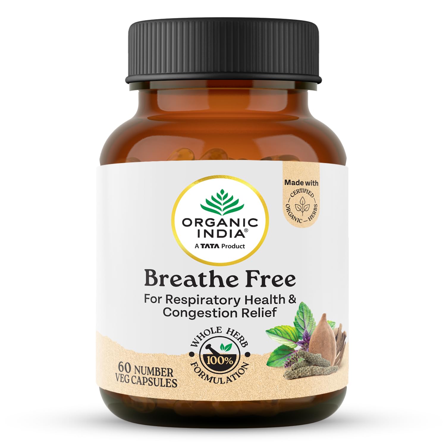 Bottle of Organic India Breathe Free certified organic veg capsules