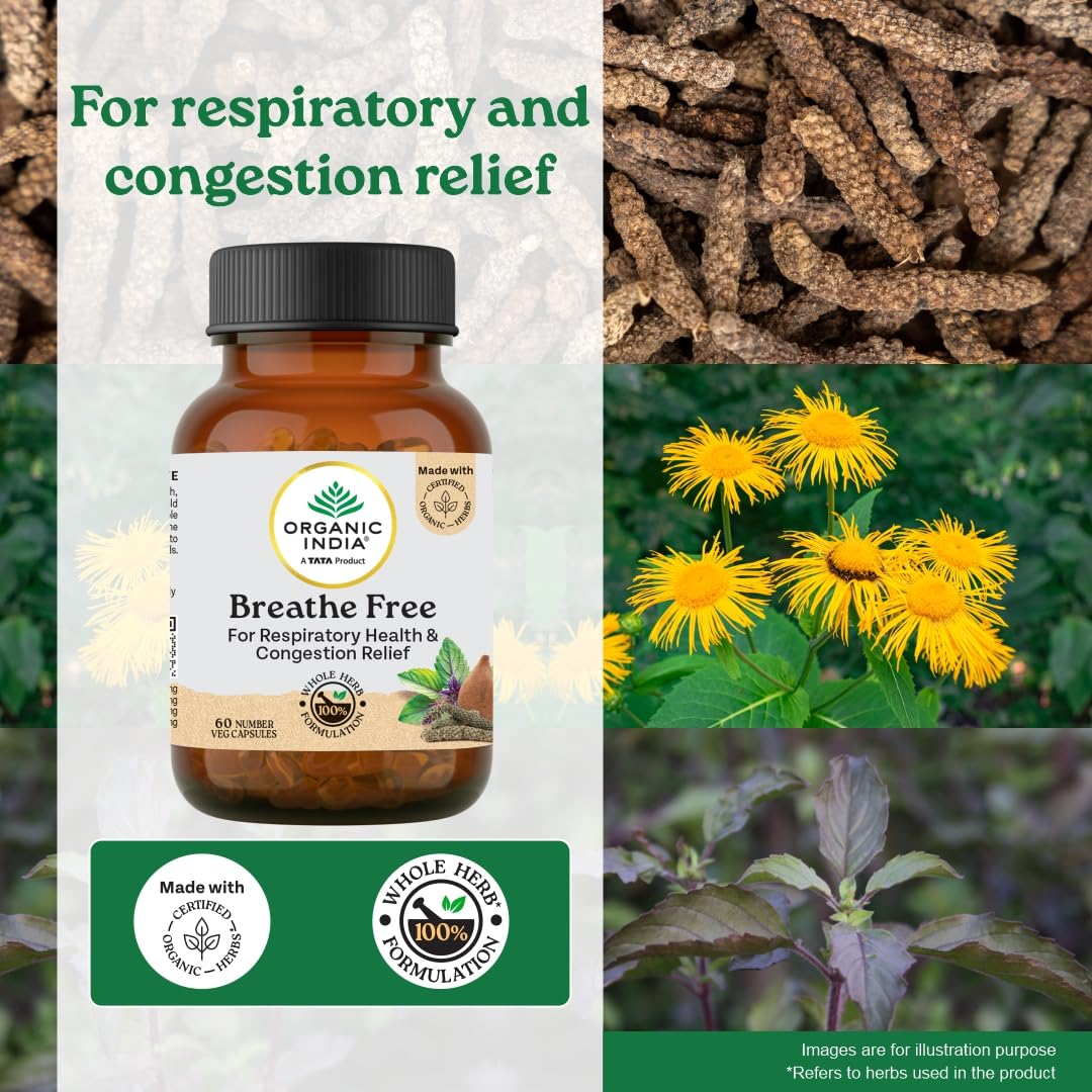 A TATA Product - Organic India Breathe Free - 60 Veg Capsules, Naturally Relieve Shortness of Breath, Wet & Dry Cough, Congestion & Improves Lung Capacity, GMP & NPOP Certified Organic – view 3