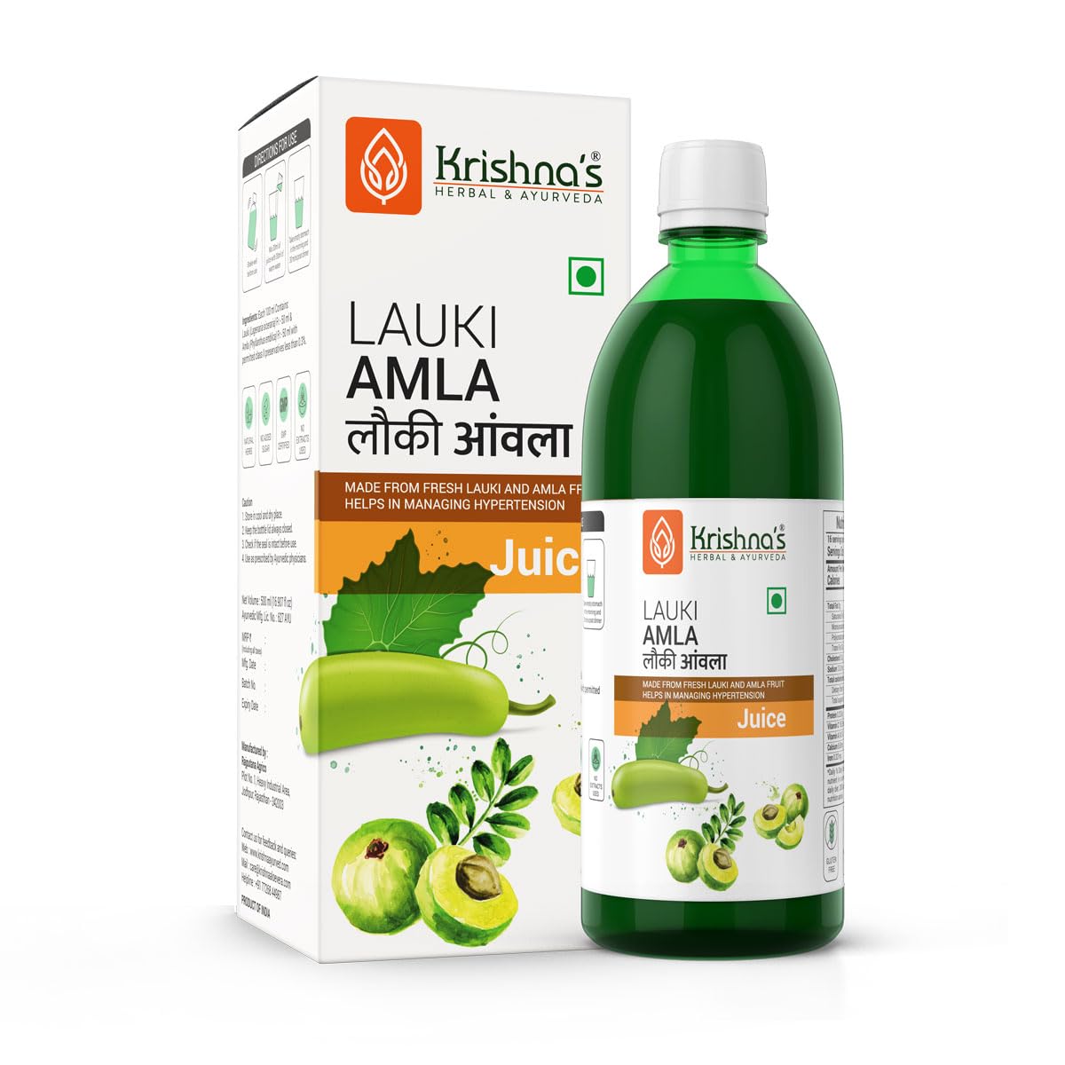 Front-facing 500 ml bottle of Krishna's Lauki Amla Juice