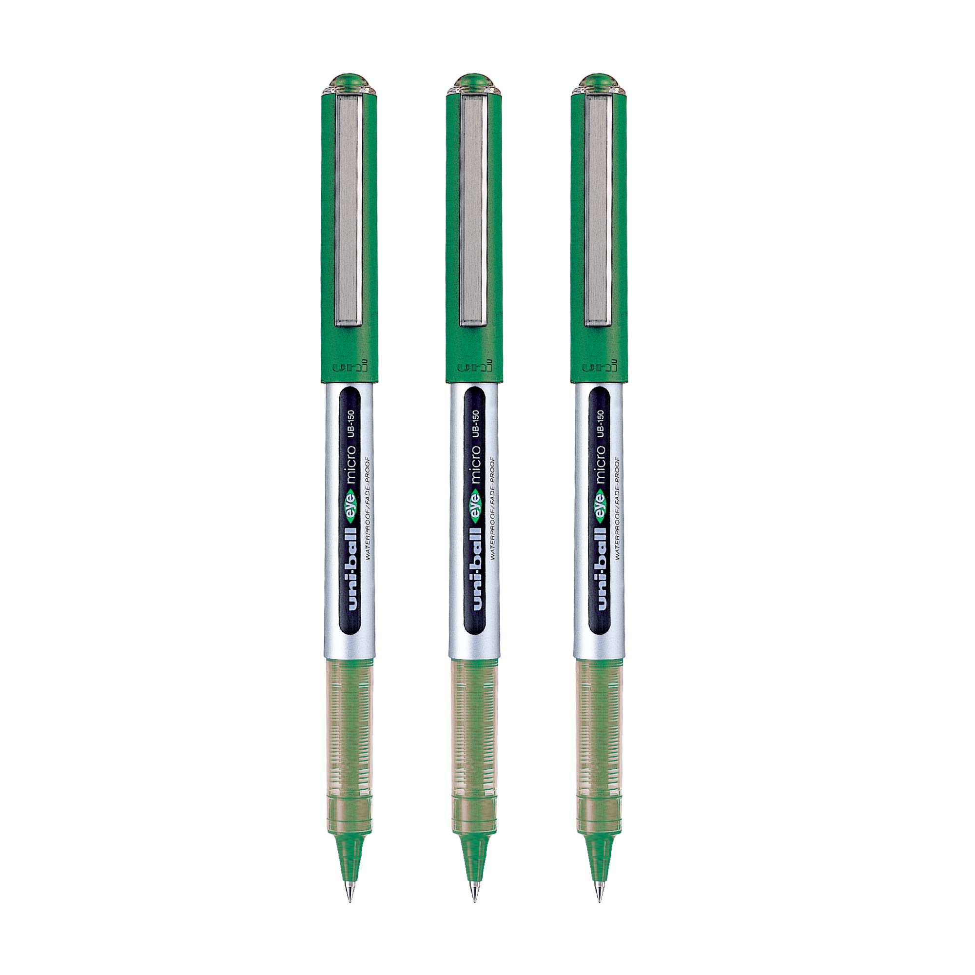 Three uni-ball Eye UB150 green roller ball pens with caps