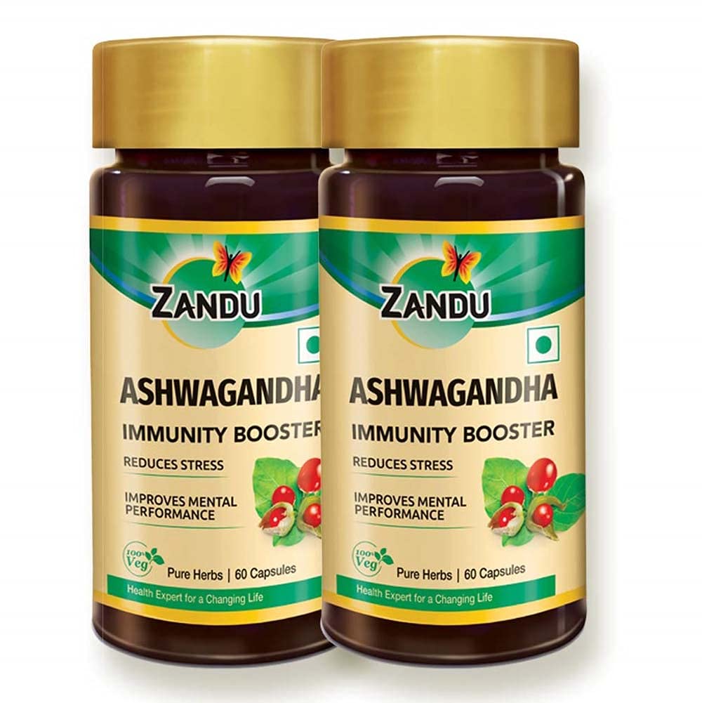 Zandu Ashwagandha Capsules, With Goodness of Natural Extracts of Ashwagandha, Helps Boost Immunity and Useful for Natural Body Strength, Stress Buster - (Pack of 60 Veg capsules x 2)