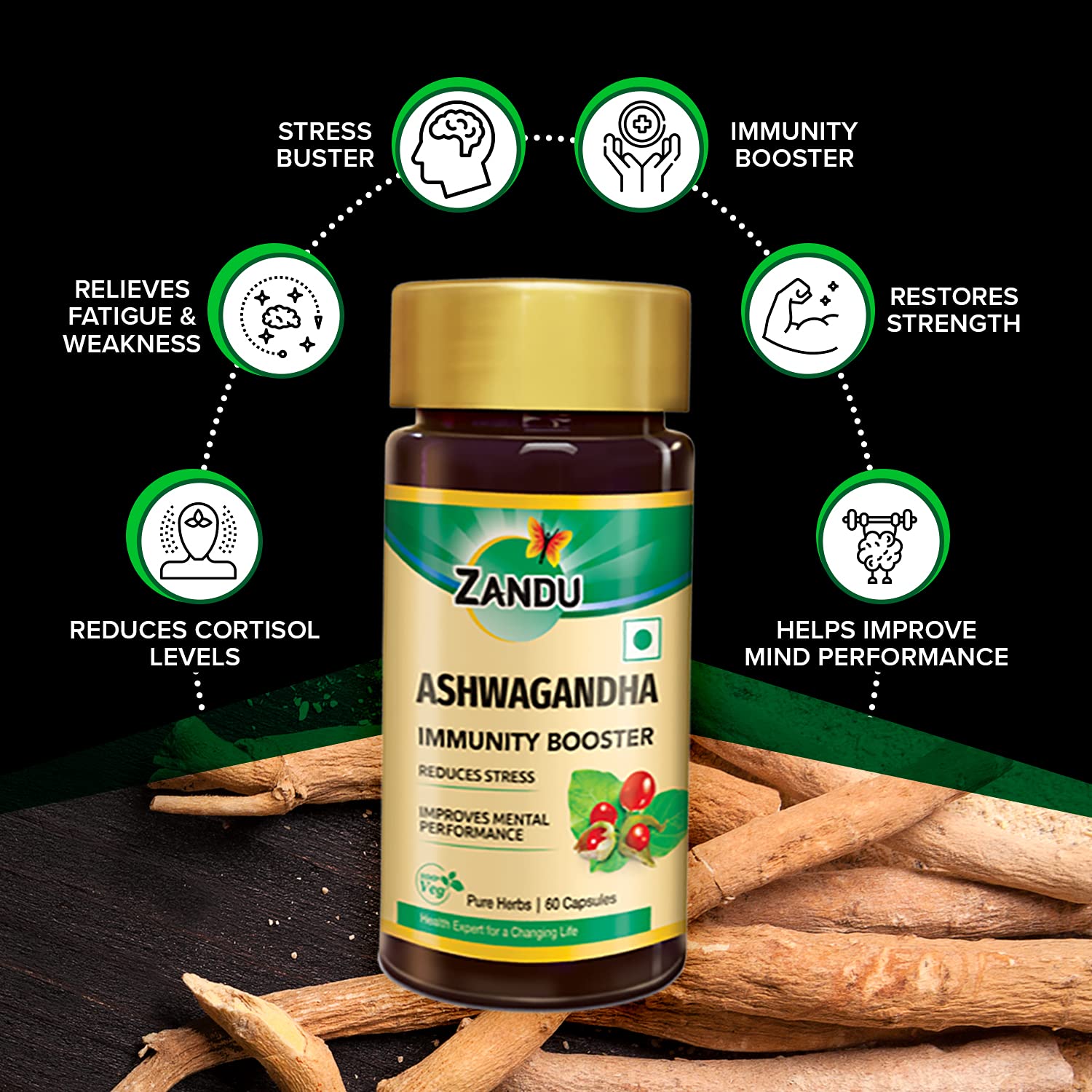 Zandu Ashwagandha Capsules, With Goodness of Natural Extracts of Ashwagandha, Helps Boost Immunity and Useful for Natural Body Strength, Stress Buster - (Pack of 60 Veg capsules x 2) – view 3