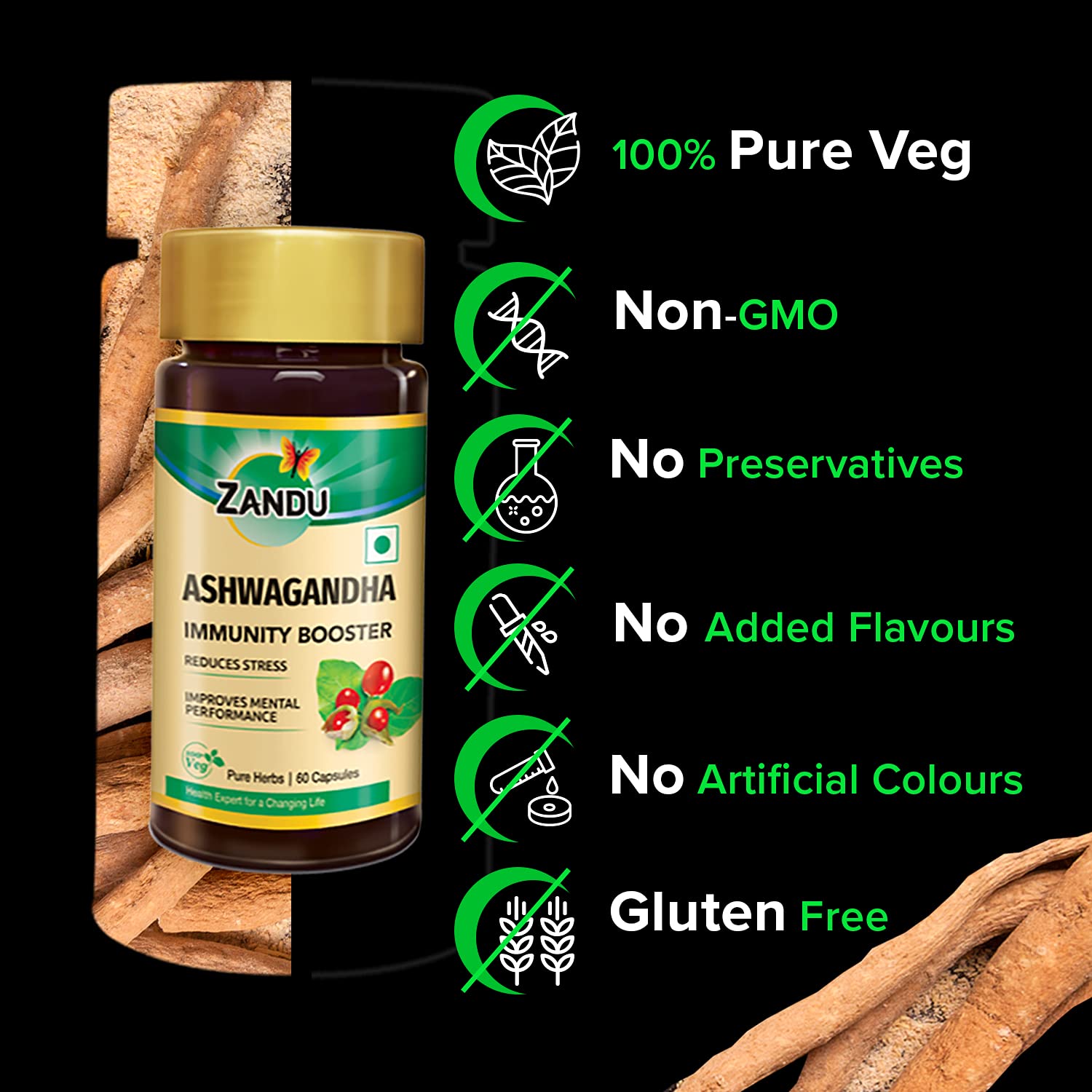 Zandu Ashwagandha Capsules, With Goodness of Natural Extracts of Ashwagandha, Helps Boost Immunity and Useful for Natural Body Strength, Stress Buster - (Pack of 60 Veg capsules x 2) – view 5