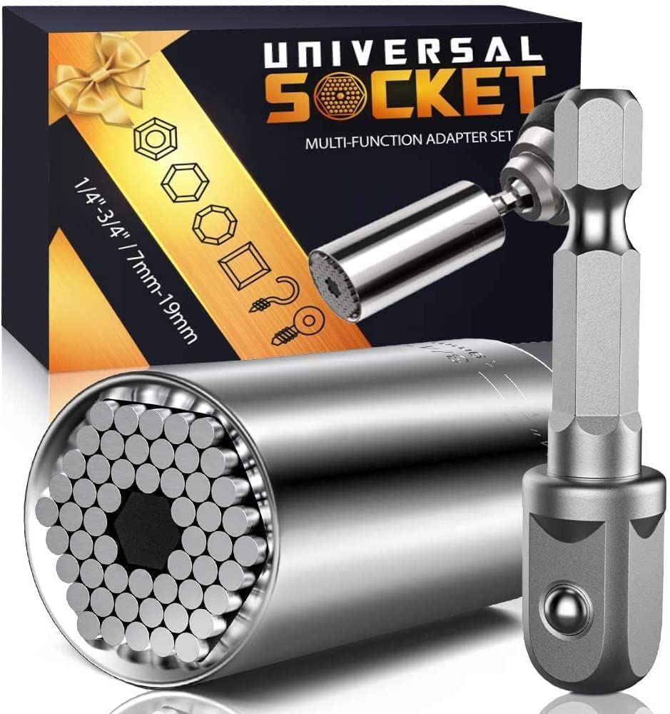 Self-adjusting silver universal socket tool and power drill adapter set
