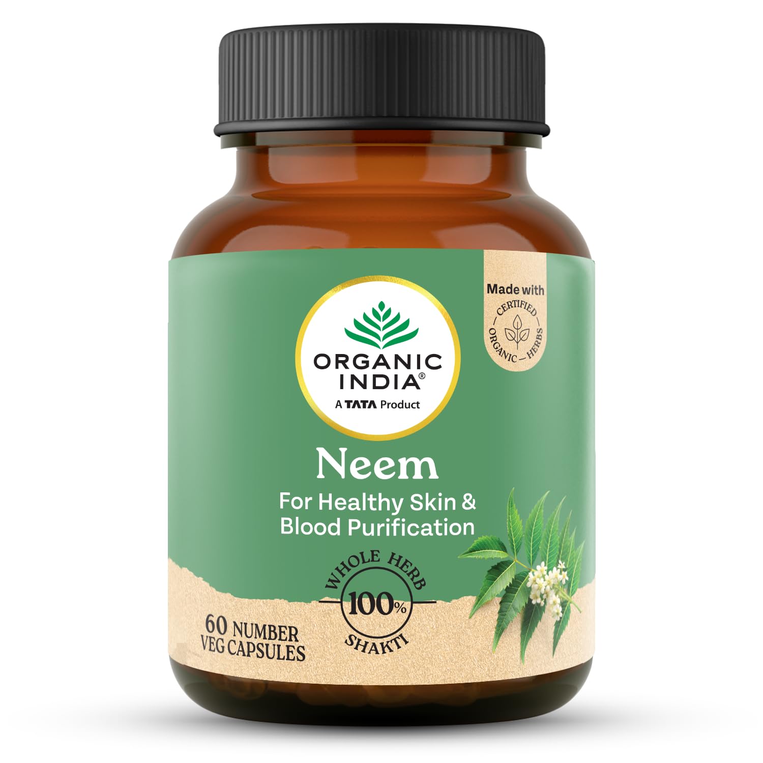 Front view of Organic India Neem Blood Purifier capsule bottle