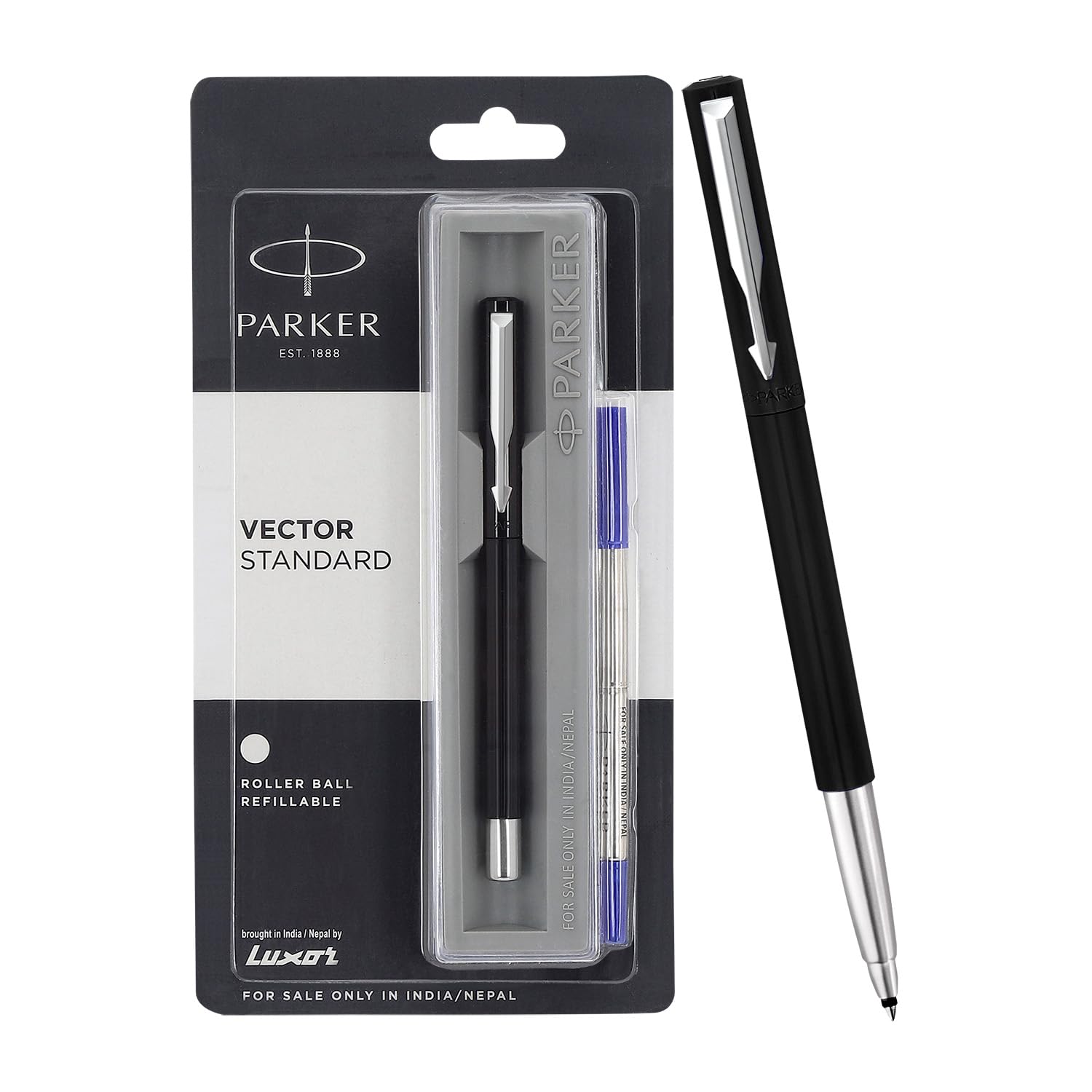 Black Parker Vector roller ball pen with blue ink and clip