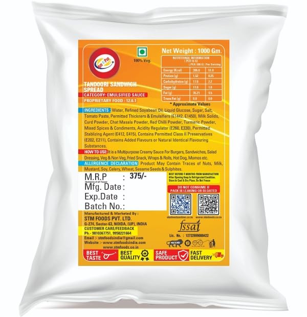 Am 2 Pm - Tandoori Sandwich Spread Multiopurpose Creamy Sauce For Burgers, Sandwiches Salad Dressing,Veg Non Veg Fried Snack Wraps & Rolls Hot Dog Momos - 1Kgd – view 2
