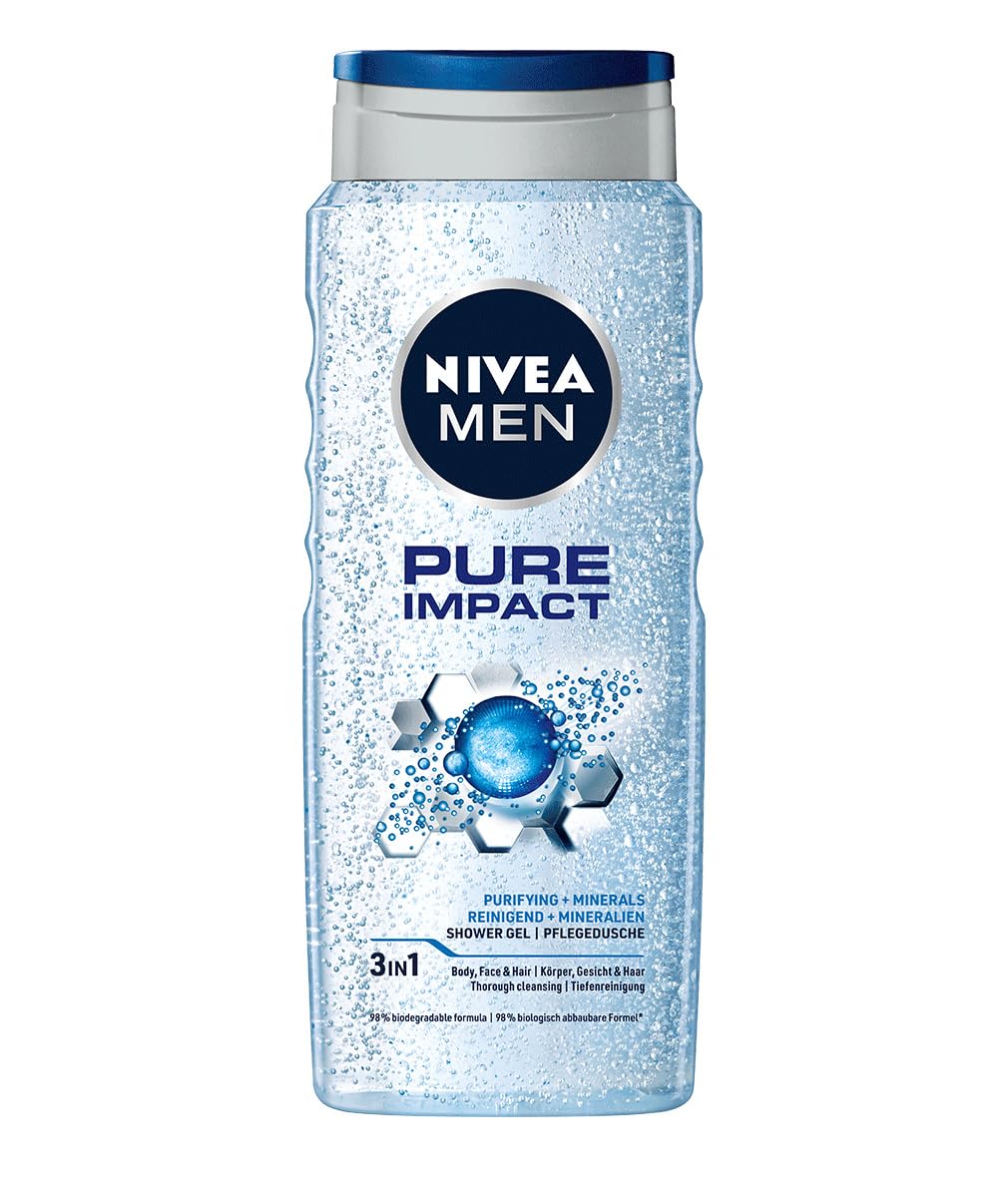 Nivea Men Pure Impact shower gel bottle in blue packaging