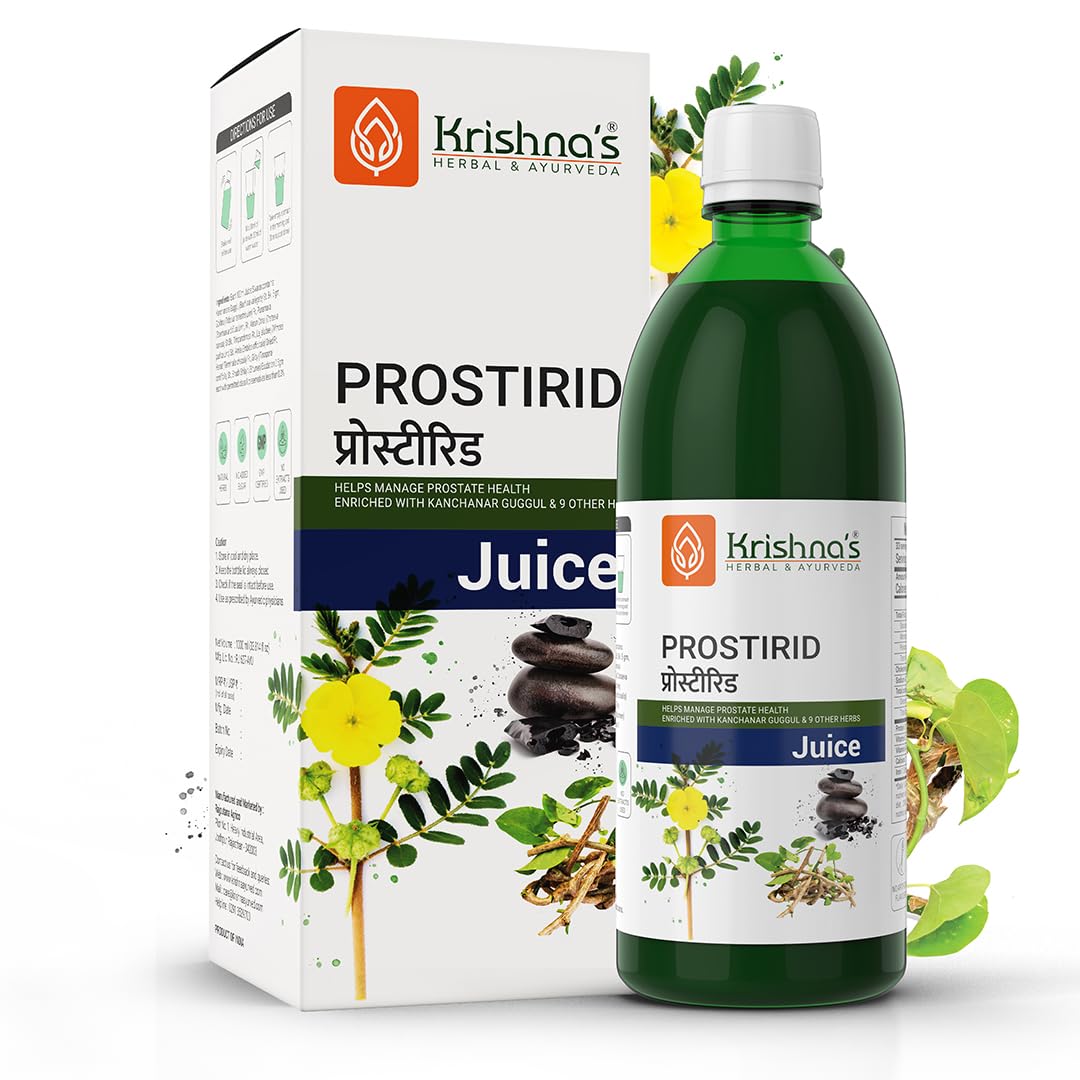 Ayurvedic Prostirid juice bottle with herbal blend labeling, 1000 ml