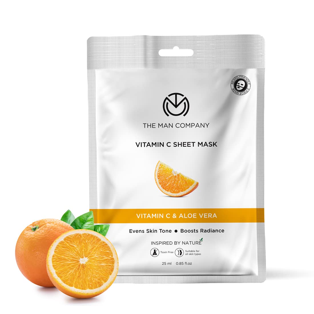 Beard-friendly vitamin C sheet mask sachet with hyaluronic acid and lemon