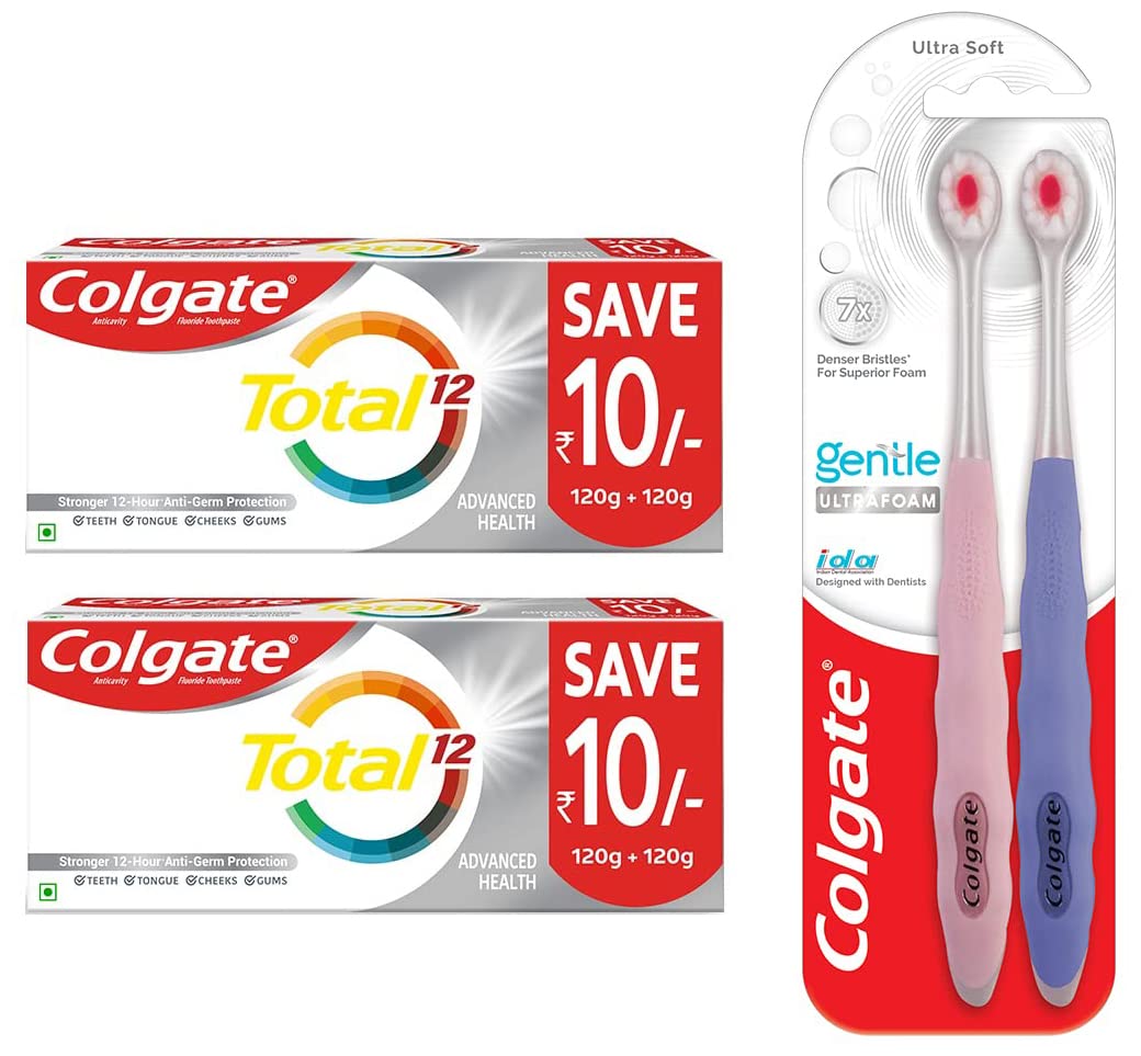 Colgate Total Whole Mouth Health, Antibacterial Toothpaste, 480g (2x240g) Saver Pack, Advanced Health & Colgate Gentle UltraFoam Ultra Soft Bristles Manual Toothbrush for adults, 2 Pcs, Multicolor – view 1