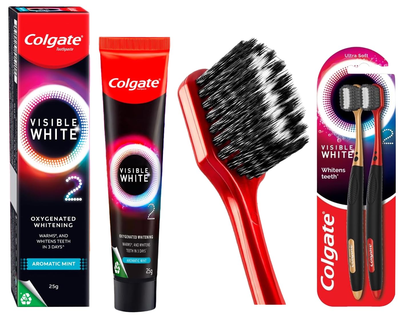Two Colgate Visible White O2 toothbrushes and 25g whitening toothpaste