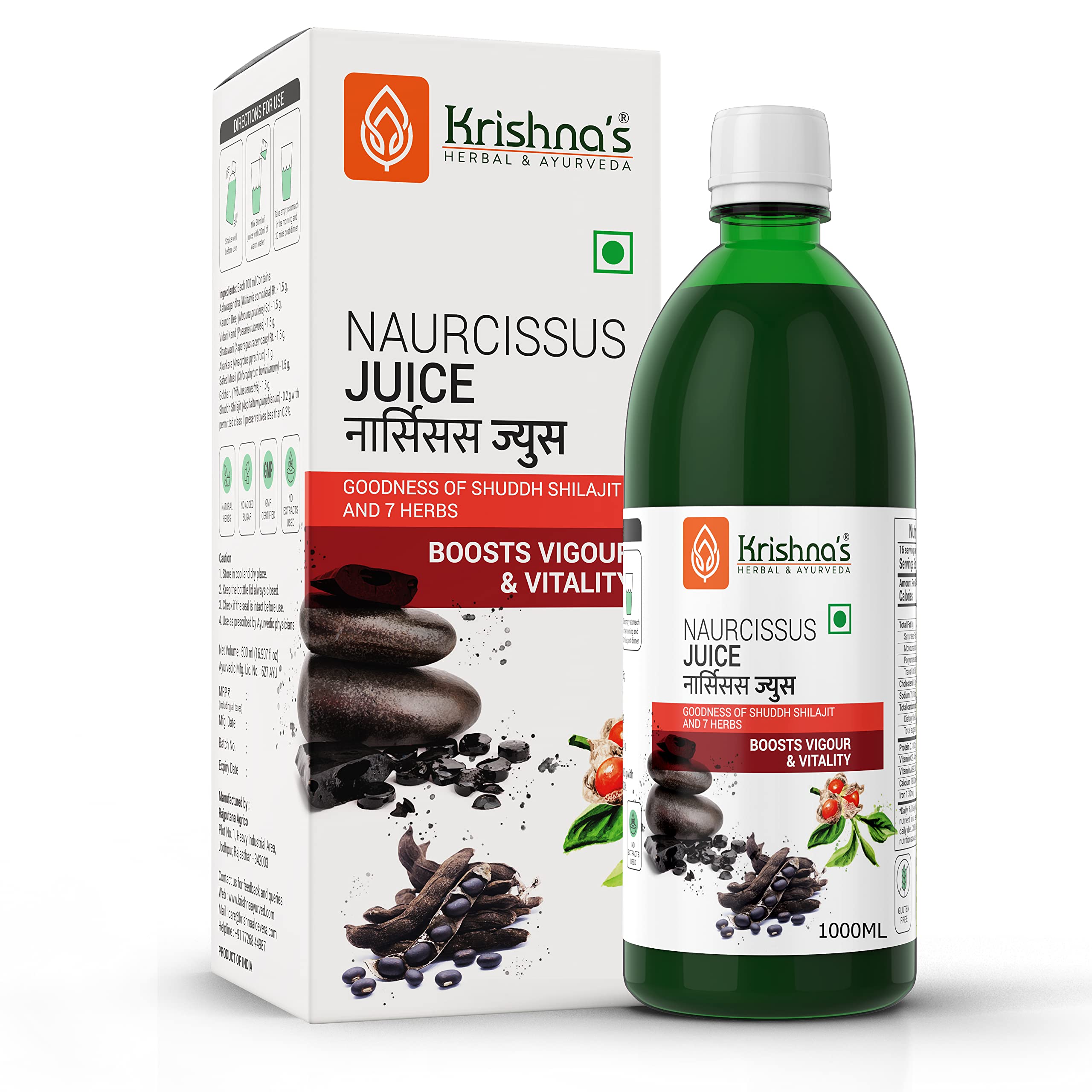 Front label of Krishna's Herbal Ayurveda Naurcissus Juice bottle