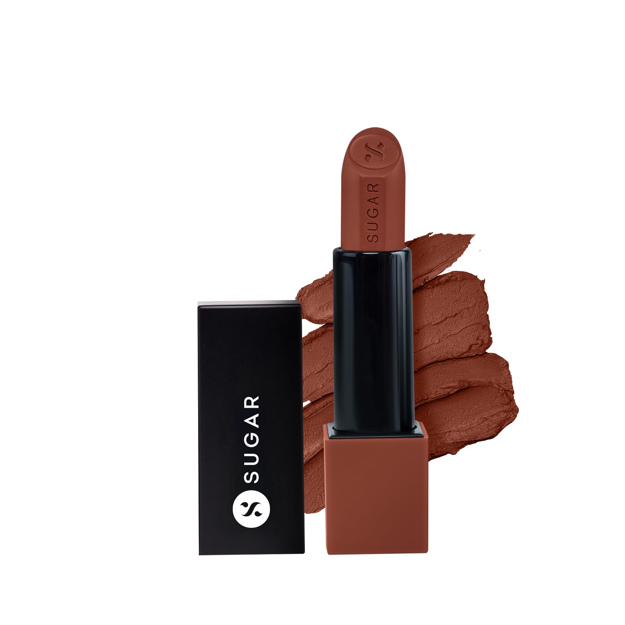 Velvet matte SUGAR lipstick in Tuscany Truffle tube and shade view