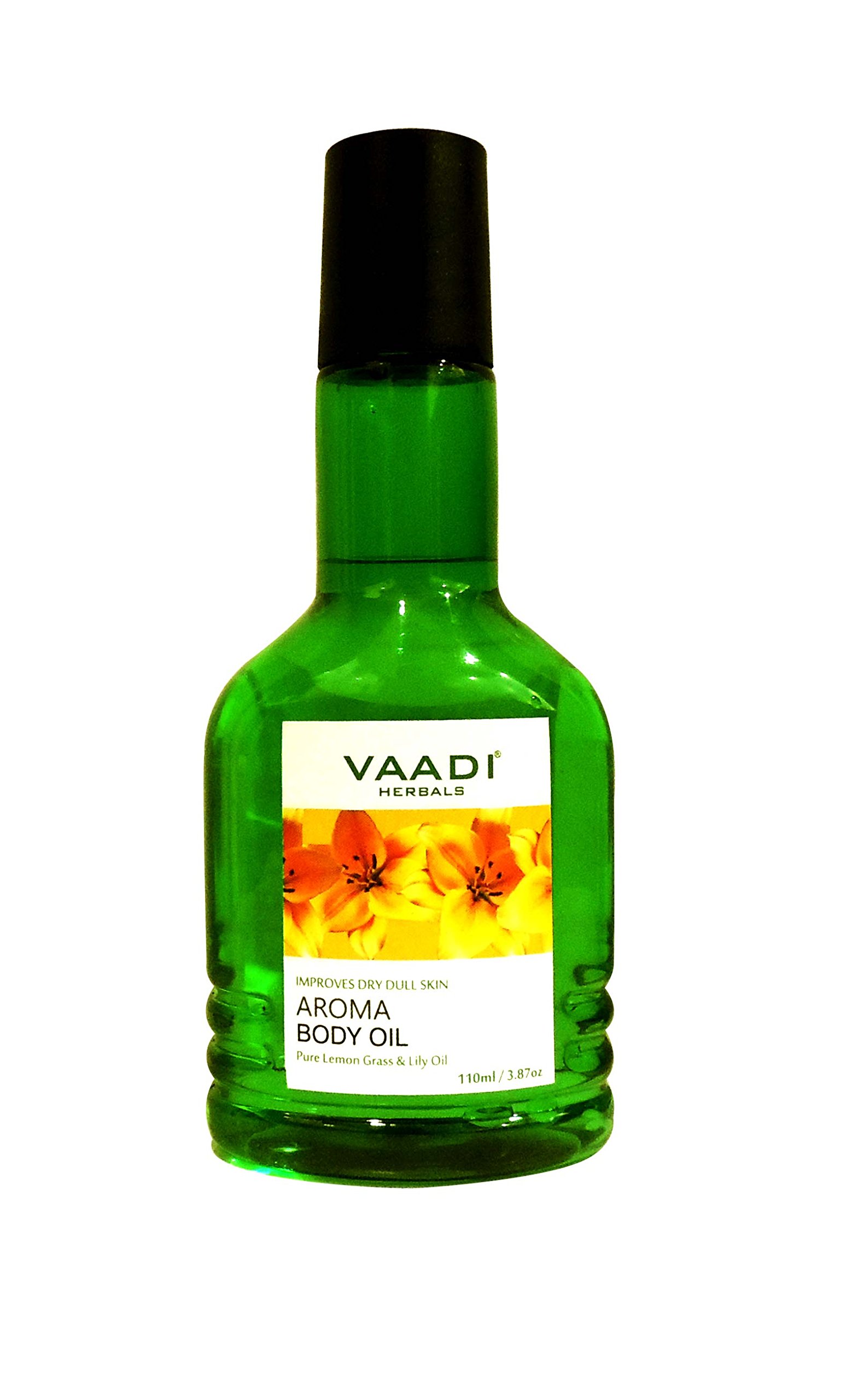 Vaadi Herbals body oil bottle with lemongrass and lily scent