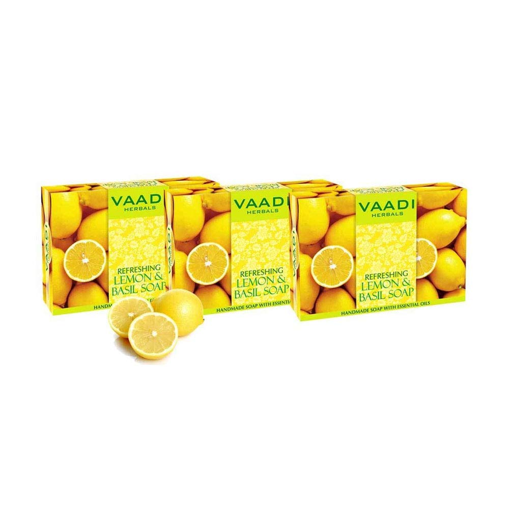 Three Vaadi Herbals refreshing lemon basil soap bars in box