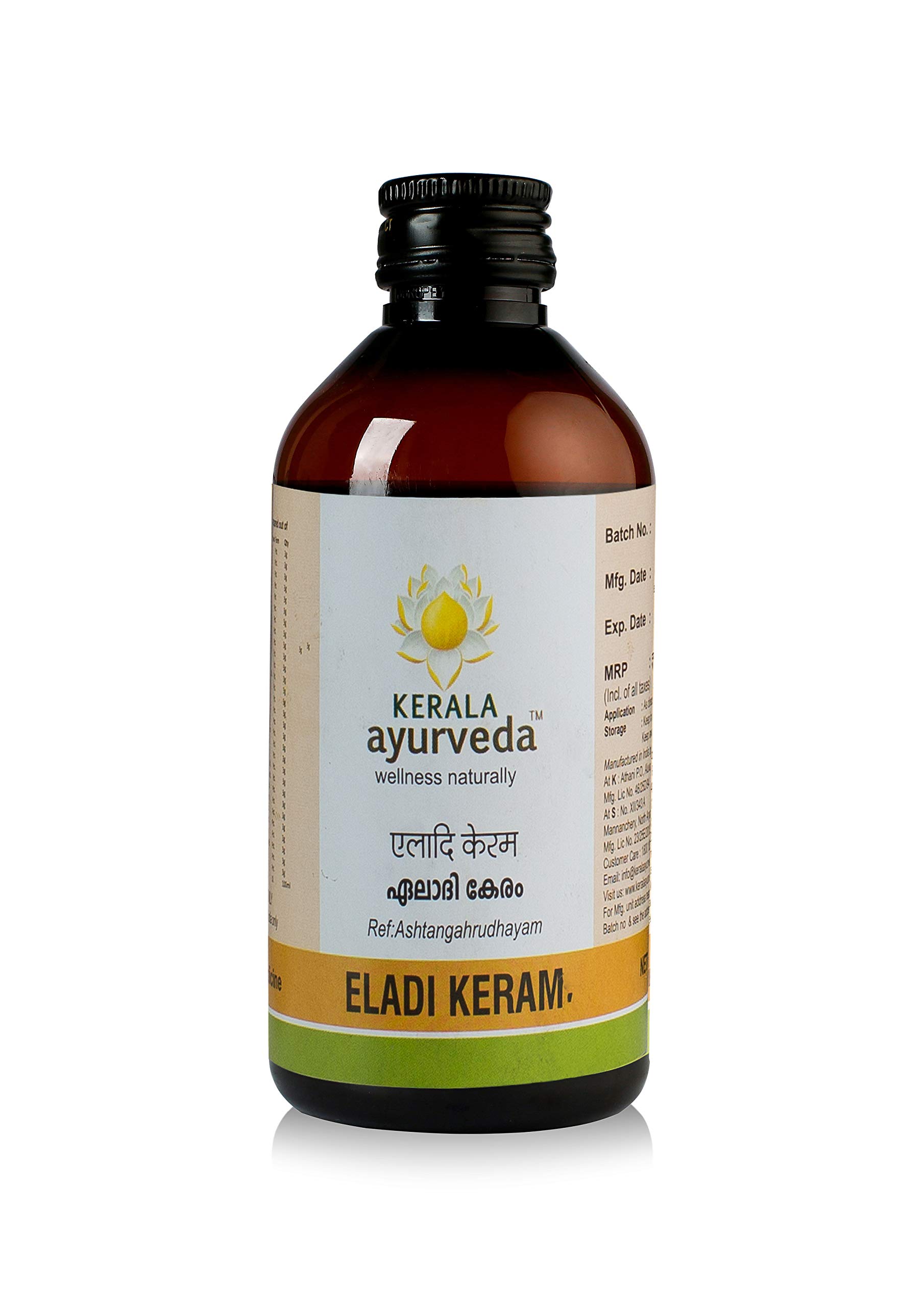 Front view of Kerala Ayurveda Eladi Keram 200 ml oil bottle