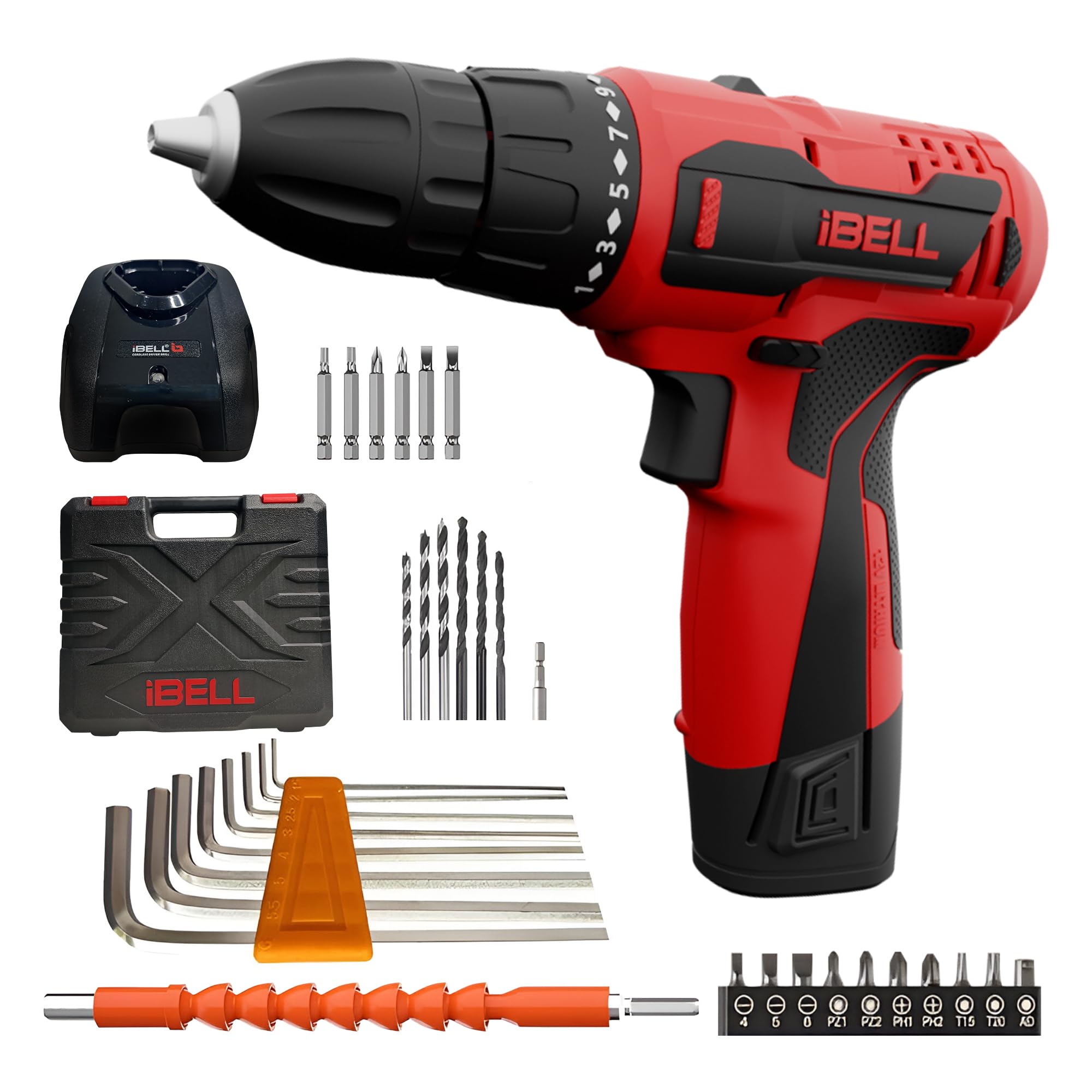 IBELL 12V Cordless Drill Driver CD12-74|17+1 Mode setting|1450 RPM|10mm Chuck|LED Light|2-Speed Mode|1500mAh|32 Accessories|Perfect for Home & DIY,Red/Black BMC Box.