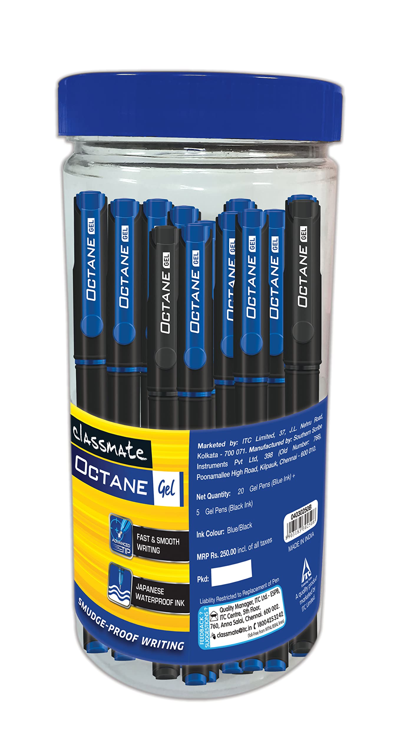 Classmate Octane jar of 25 assorted blue and black gel pens