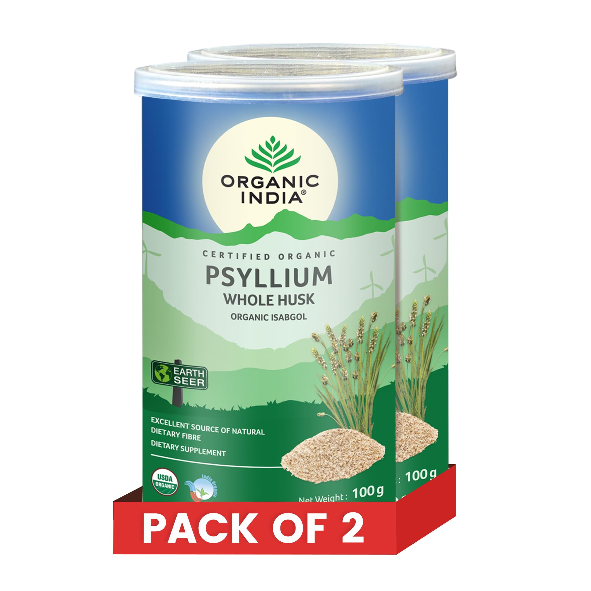 Two-pack Organic India whole husk psyllium isabgol front package view