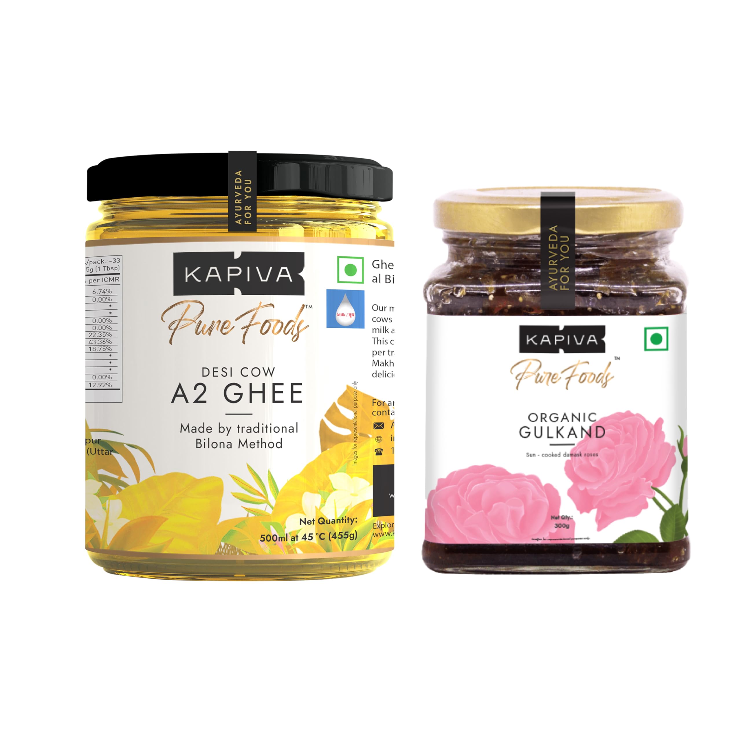Kapiva bilona cow ghee with sun-cooked rose gulkand jars