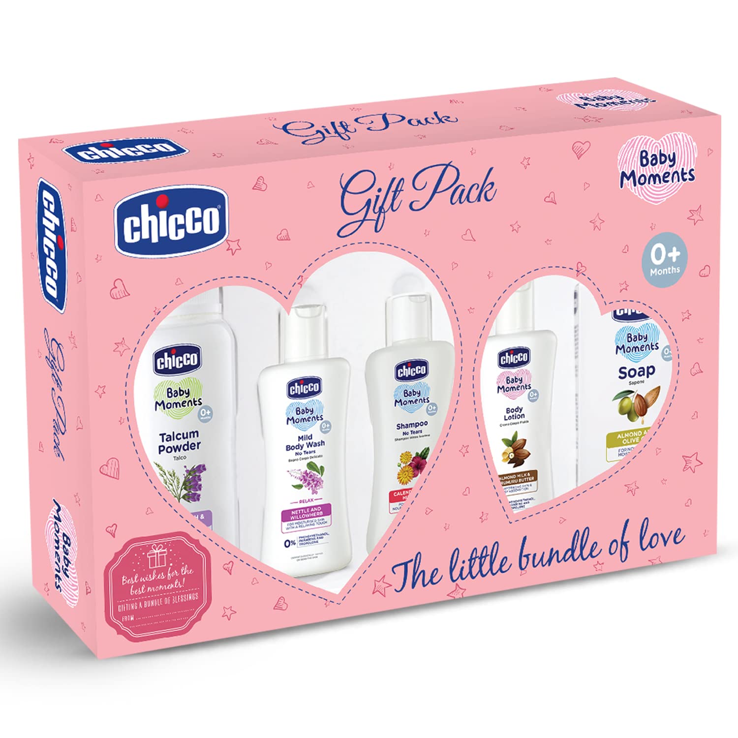 Pink baby gift set with shampoo, body wash, lotion, soap, and powder