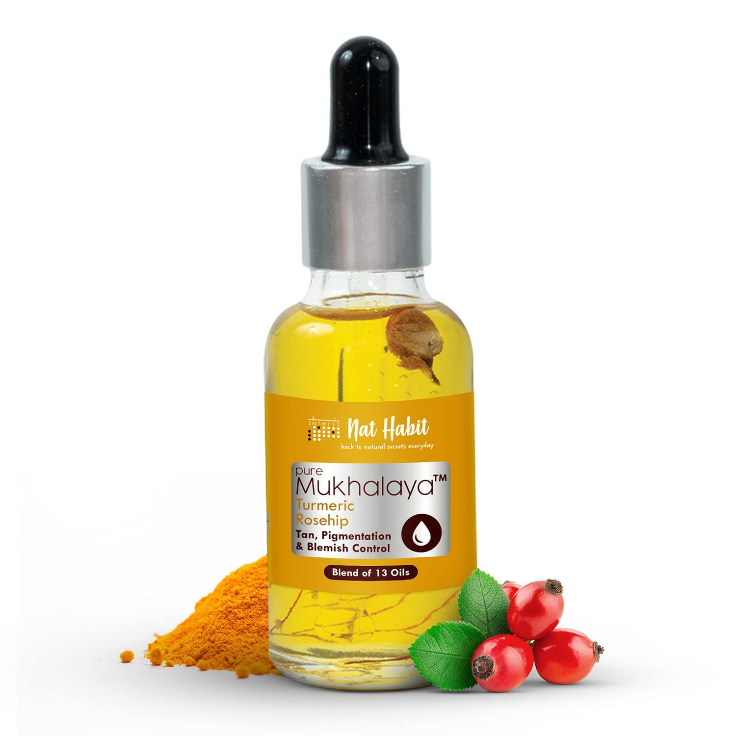 Nat Habit face oil bottle with turmeric rosehip formula