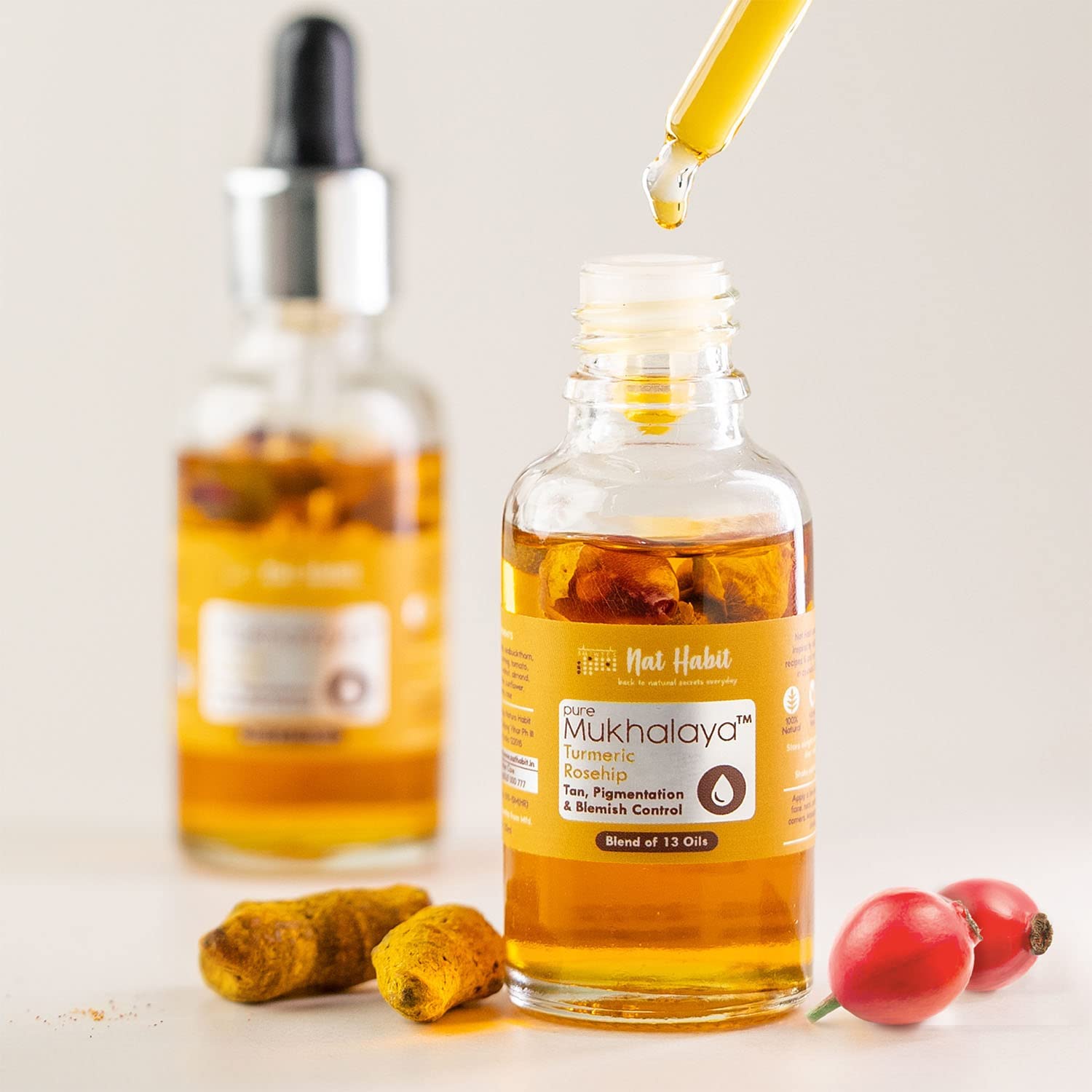 Nat Habit Turmeric Rosehip Mukhalaya Face Oil For Tan, Pigmentation & Blemish Control, with Blend of 13 Cold Pressed Oils, For Natural Face Care, No Mineral Oil or Chemical (30ml) – view 2