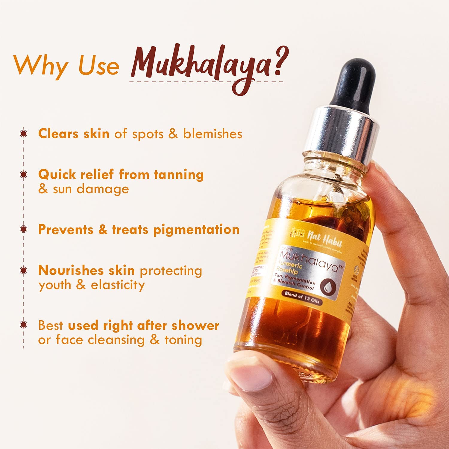 Nat Habit Turmeric Rosehip Mukhalaya Face Oil For Tan, Pigmentation & Blemish Control, with Blend of 13 Cold Pressed Oils, For Natural Face Care, No Mineral Oil or Chemical (30ml) – view 3
