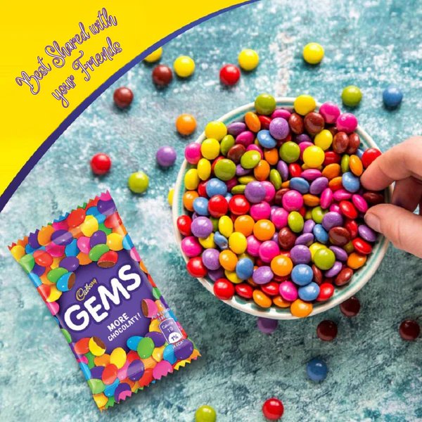 Cadbury Gems chocolate pouches with colorful sugar-coated chocolate candies
