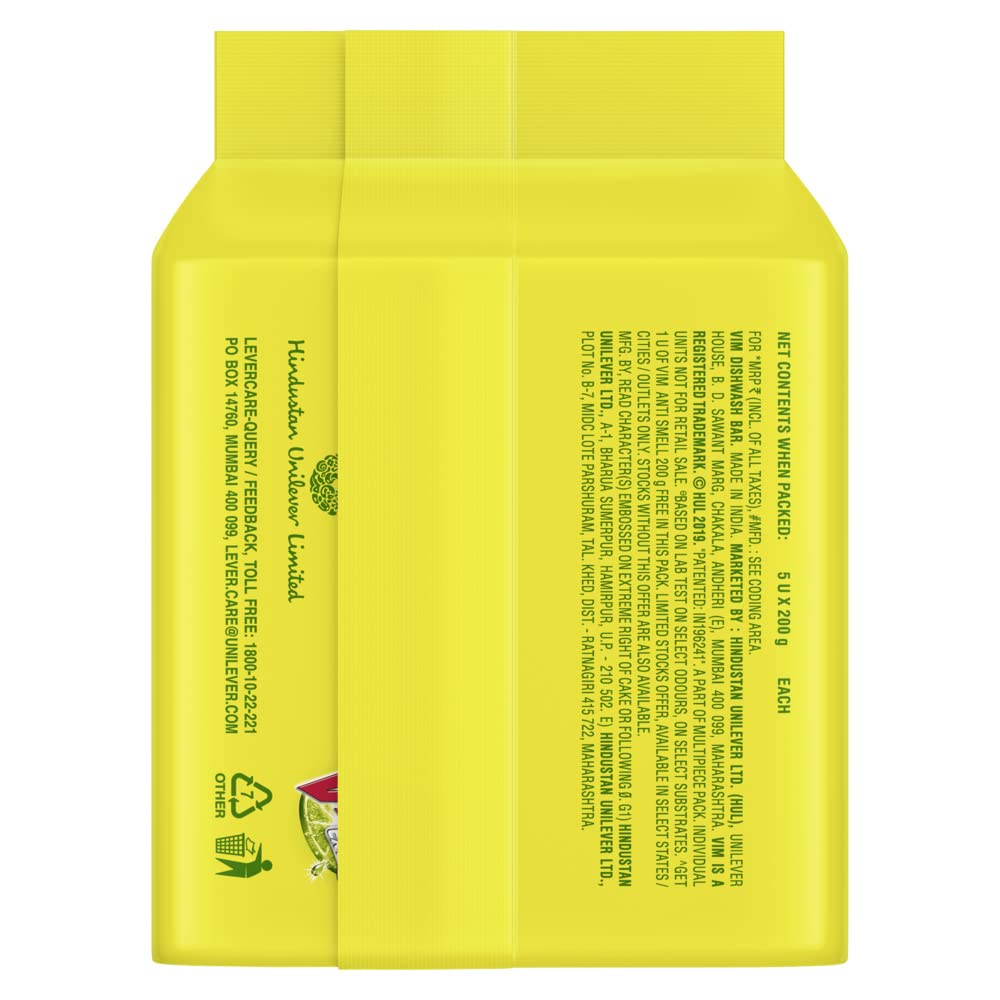 Vim Extra Anti Smell Dishwash Bar - 200g (Pudina, Buy 4 + 1 Free) – view 3