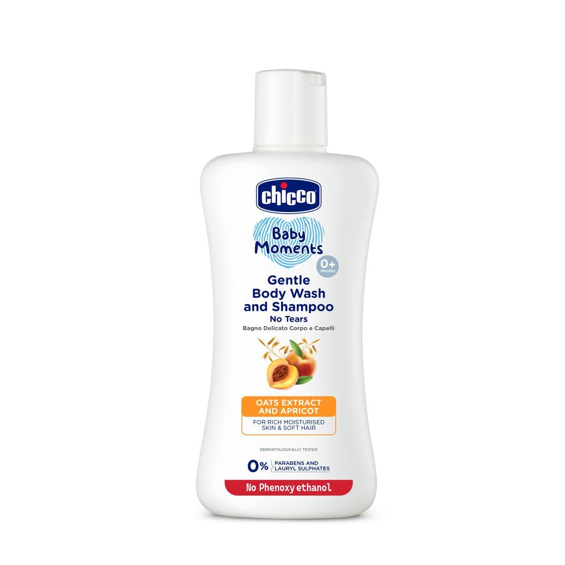 Front view of Chicco Baby Moments baby wash and shampoo bottle
